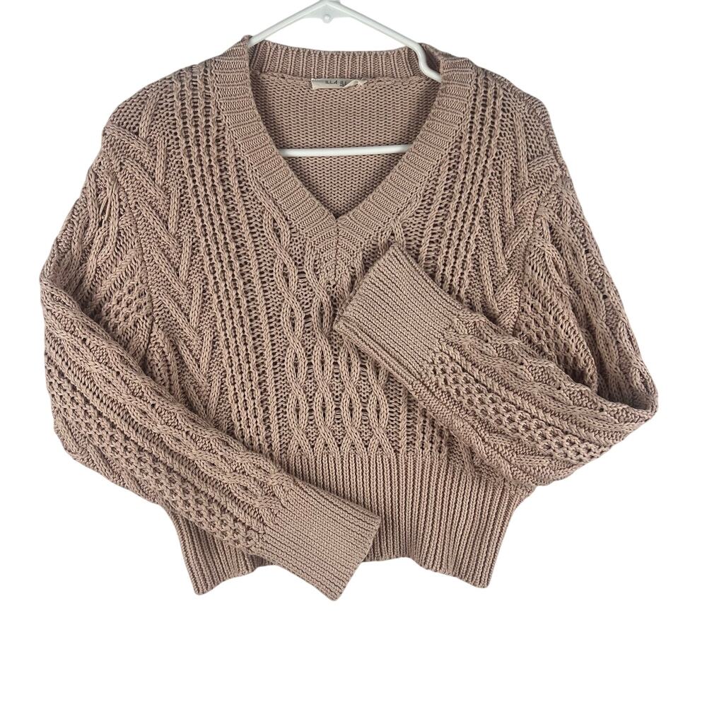 Illa illa Women’s Cotton Cable Knit Sweater SZ SM Pink V-Neck
